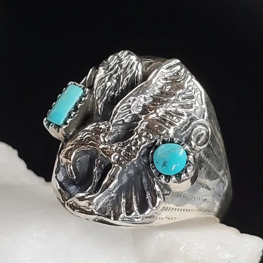 Men's Designer Jewelry Solid Sterling Silver 925 Ring Genuine Turquoise